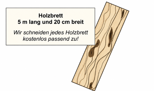 Holzbrett mit den Maßen 5 m lang und 20 cm breit.